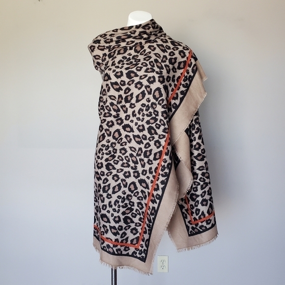 Boho Leopard Cheetah Animal Print Square Wool Scarf Wrap Shawl Raw Hem Trim - Picture 9 of 10